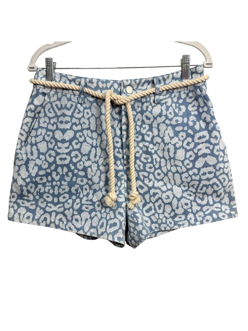 BiBi Blue Leopard Print High Rise Shorts Rope Belt Size M NWT